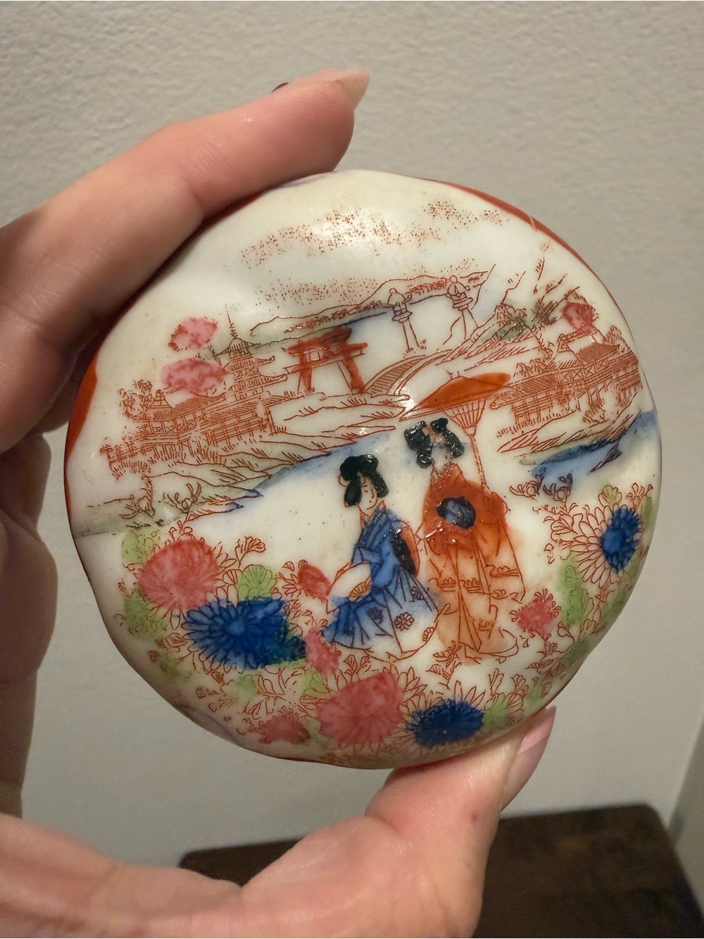 Vintage Japanese Geisha Girl Porcelain Trinket Box Lidded Keepsake Box